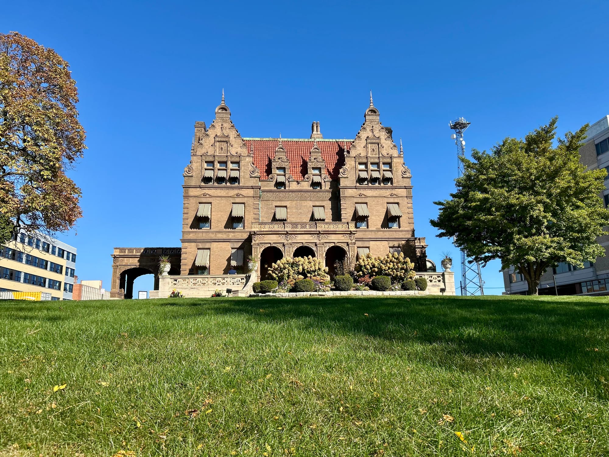 sky, grass, building