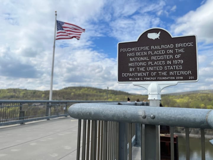 sign, flag flying, bridge, walkway