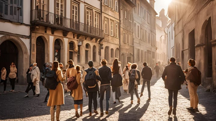 group tour, buildings, people