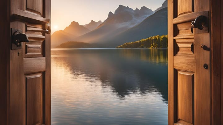 door, mountains, water